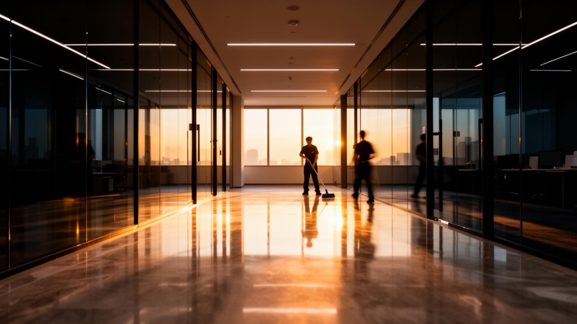 Pristine commercial office hallway with gleaming polished floors at sunset