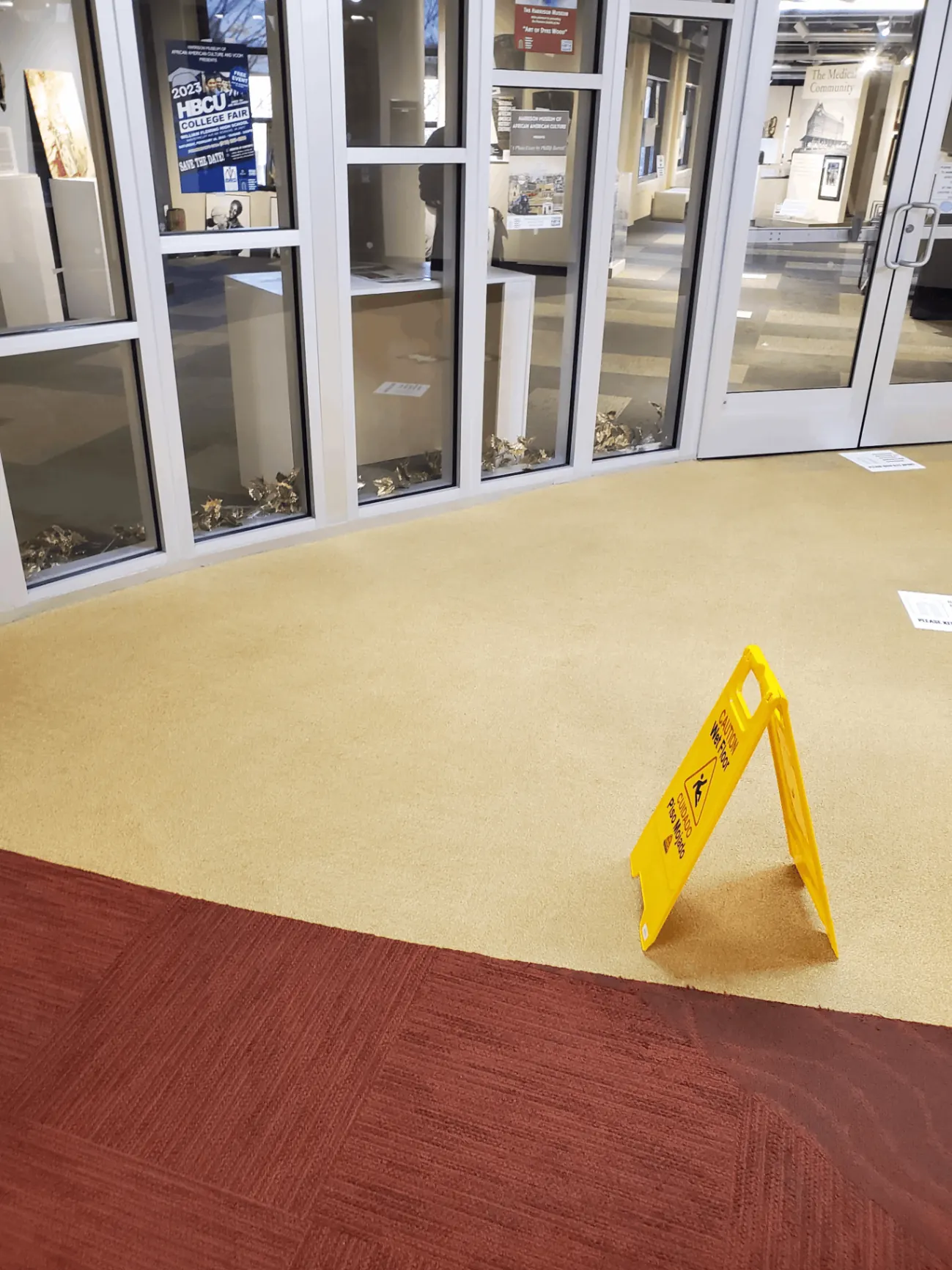 Freshly shampooed lobby carpet at a public facility with wet floor sign in place