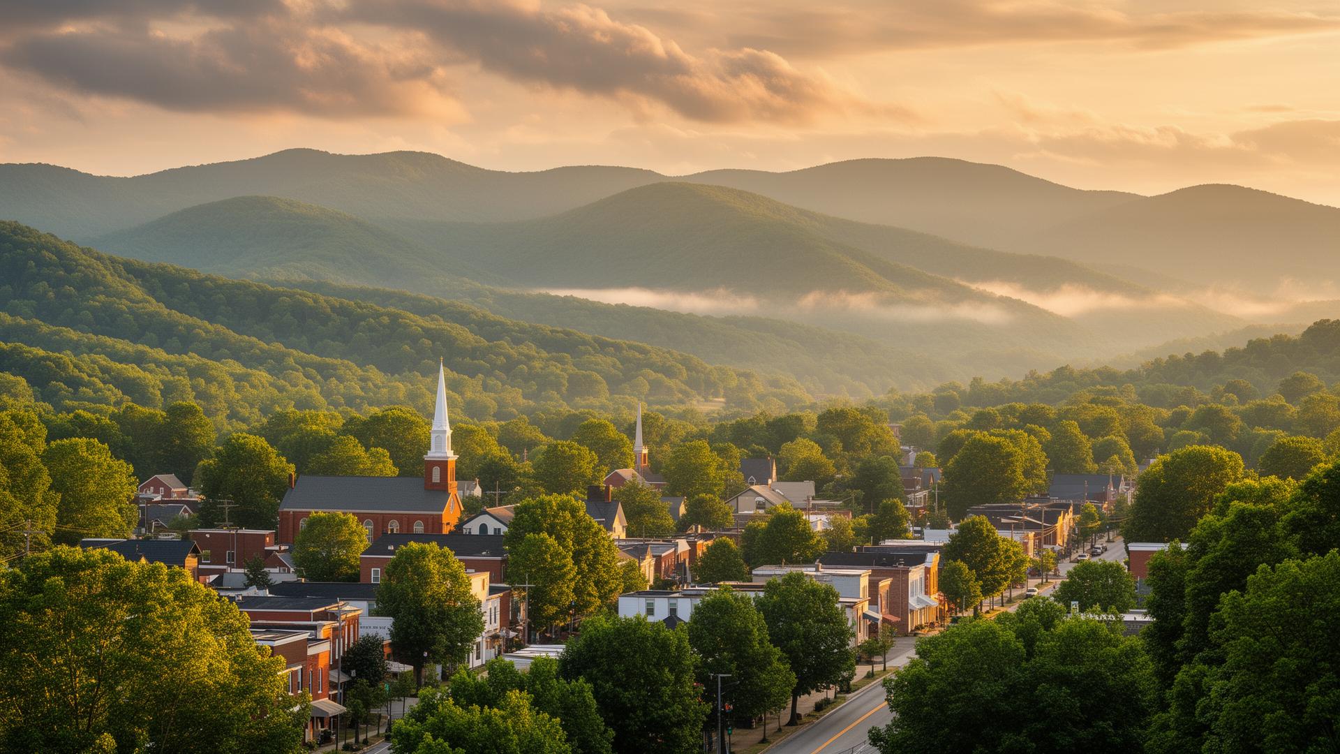 Salem, Virginia town nestled in the Blue Ridge mountains at golden hour